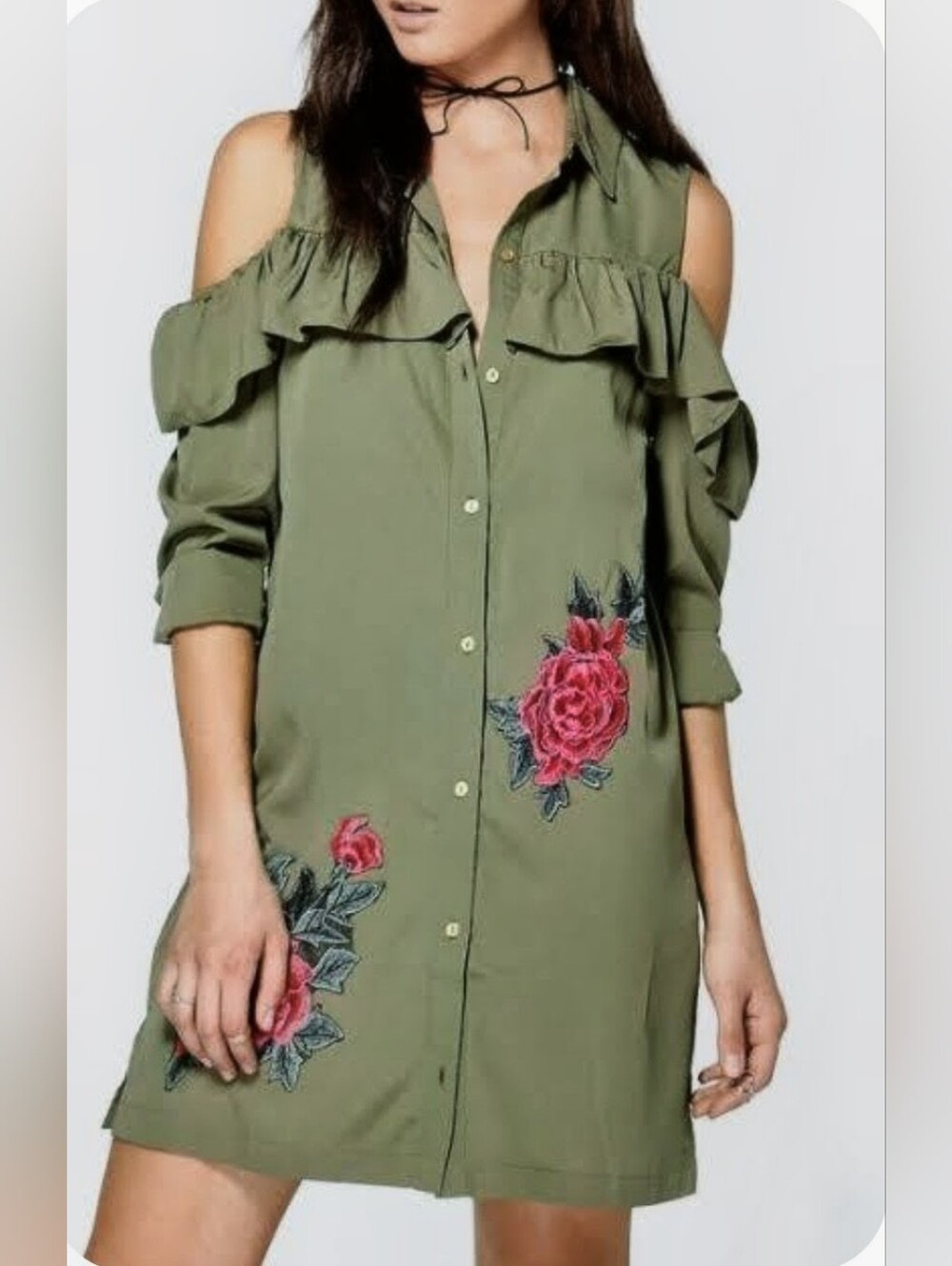 Boohoo Plus Khaki Floral Embroidered Cold-Shoulder Shirt Dress